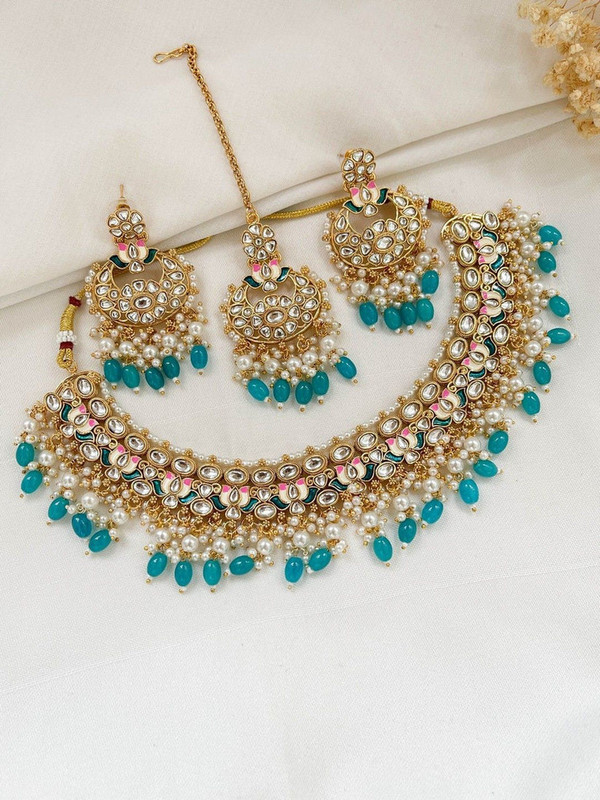 Teal Kundan Pearl Choker Set